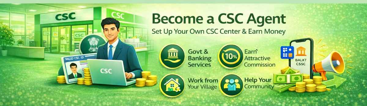 Become a CSC Agent - Set up your own CSC center and earn income with high commissions, numerous services, and minimum investment. Featuring a professional man with a laptop, ID card, and a CSC storefront.