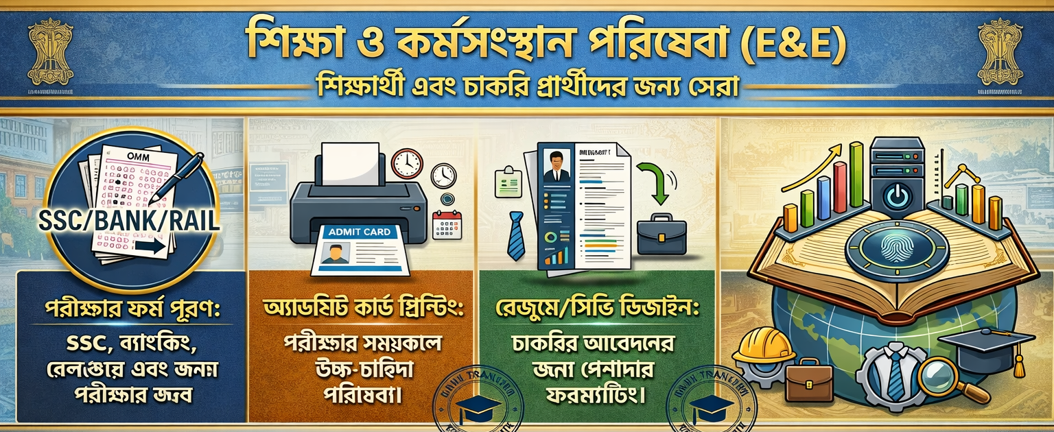 Education and Employment Services banner in Bengali featuring Exam Form Filling, Admit Card Printing, Resume Design, and Scholarship Applications.