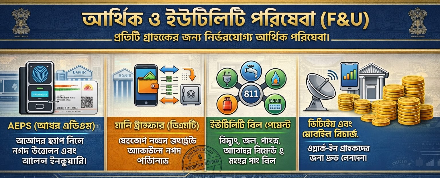 Discover Digital Banking Services - Simplifying online banking with features like account opening, money transfer, bill payments, and withdrawals. Includes icons for various banking functions with a clean, modern design.