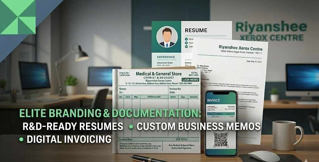 Expert CV Writing and Business Documentation services: Real mockups of ATS Resumes, Custom Bill Books, and Digital Invoices, designed at Riyanshee Xerox Centre.