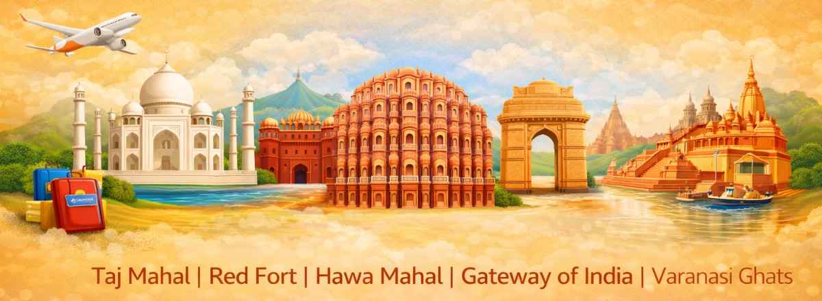 Explore India’s Iconic Domestic Tours - Featuring famous landmarks like the Taj Mahal, Red Fort, Hawa Mahal, and Varanasi Ghats, all set against a vibrant backdrop representing the spirit of travel in India.