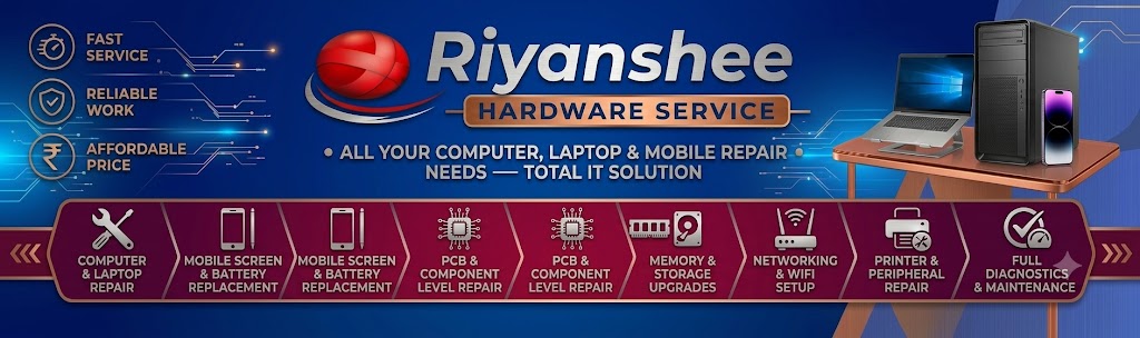 Riyanshee Hardware Service promotional banner with listed IT repair services