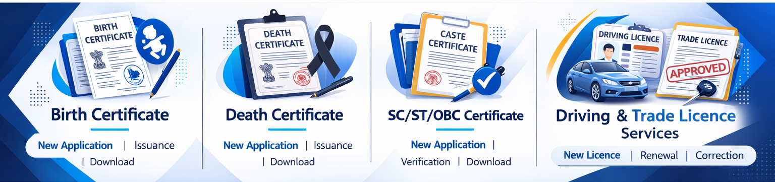 Birth, Death, SC/ST/OBC Certificate Services, Driving and Trade licence services.
